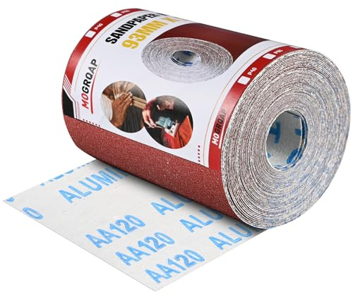MOGRQAP Rollo de Papel de Lija de 93 MM x 5 M, Grano 120 Rollos de Papel Abrasivo de Óxido de Aluminio, Papel de Lija Húmedo y Seco para Madera, Metal, Pintura, Yeso, Relleno