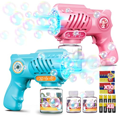 Tecnock Confezione da 2 pistole per bolle di sapone per bambini, automatiche, con luce LED e 10 ugelli, 8 batterie AA incluse, 3 bottiglie di soluzione per bolle di sapone e 10 ricariche, leggere, a