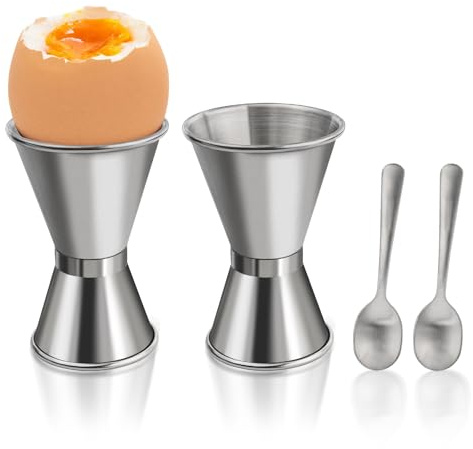 Lot de 4 coquetiers en acier inoxydable avec cuillères, support rigide et doux, outil de cuisine pour petit déjeuner, salle à manger, maison, fête, café, restaurant (argent)