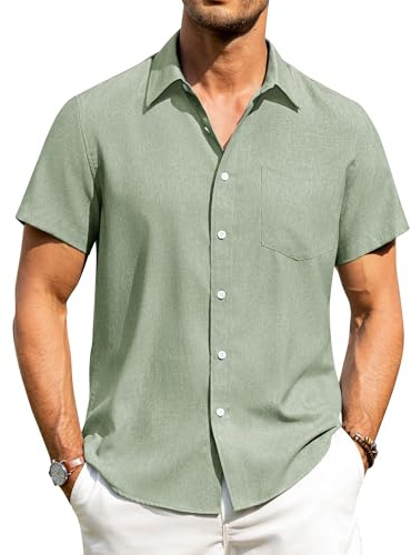 Alimens & Gentle Men's Linen Short Sleeve Shirts Green Regular Fit Casual Summer Holiday Button Down Shirt with Pocket 2XL