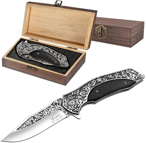 PolyYL Personalisiertes Klappmesser Taschenmesser aus Edelstahl mit Einem Holzgriff Als Geschenk für Männer Vatertag Geburtstag oder Weihnachte（Schwarz）