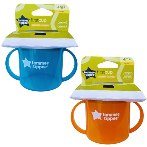 Tommee Tippee Free Flow First Cup Sippy Cup with Fold-Down, Leak-Proof Spout, 4m+, Red and Turquoise, 2 Pack