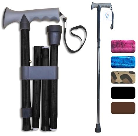 Life Healthcare Walking Stick Comfort Gel Handle For Arthritis, For Elderly,Disabled, Folding Adjustable Height, Plain Black, Right Or Left Handed, With Non-Slip Rubber Tip, Wrist Strap, Lightweight