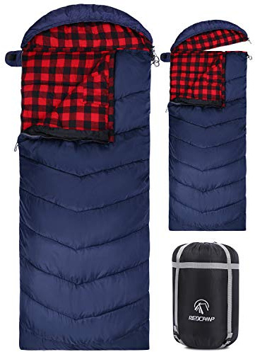 REDCAMP Flanellsovsäck för vuxna, stora bomullssovsäckar för camping med avtagbar huva, röd pläd med 1,4 kg fyllning (231 x 83 cm)
