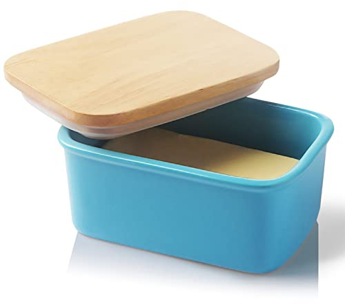Sweejar Home Mantequera de porcelana con tapa, hermética, grande, con tapa de madera, recipiente de mantequilla perfecto para 2 barras de mantequilla de la costa oeste o este (azul acero)