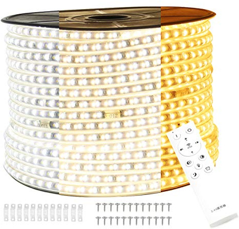 FOLGEMIR 15m LED Band dimmbar ohne Flackern, Farbwechsel von Warmweiß/Kalt Weiß/Neutral Weiß LED Strip mit 220V Trafo & 2.4G Wireless Fernbedienung, 120 Leds/m, Wasserdicht IP65
