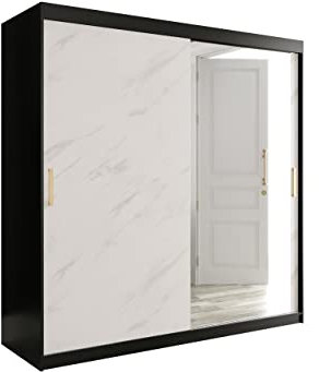 Mirjan24 Kleiderschrank Kamoga T2, Schwebetürenschrank mit 2 Kleiderstangen und Spiegel, Marmor Muster, Schiebetürenschrank für Schlafzimmer (Modell 200, ohne Schubladen, Schwarz/Marmor Weiß + Gold)