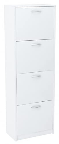 MATKAM Schuhschrank 4S, in Schlichter Optik, B 50 x H 152 x T 28 cm, laminierte Möbelplatte 16 mm, mit Rückwand, 4 ausklappbare Schuhablagen (Weiß)