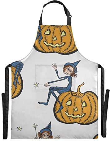Vnurnrn Dibujos Animados De Calabaza Mágica De Halloween Impermeable Delantal de Cocina con 2 Bolsillos para Cocinar Mujeres Hornear Camarero Cocineros Hombres
