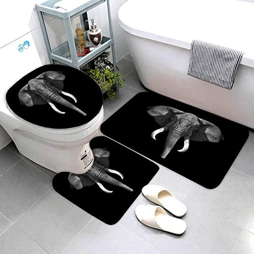 AOLIGL Badezimmermatte Set Elefant Tier Schwarz Und Weiß 3D Drucken Teppich Badezimmer Badgarnitur 3teilig Mikrofaser Bath mat U-förmigen Contour Matte- WC Vorleger（40 x60 cm）