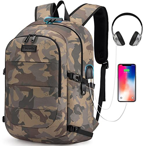Tzowla Bärbar Dator Ryggsäck Herr Dam,Vattentät Stöldskyddad Ryggsäck med USB-Laddningsport för 14/15,6 Tums Dator,Ryggsäck Skola Högskole Student Affärs Bokväska Casual Vandrings Dagssäck-GulCamo