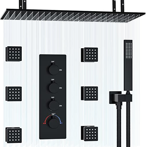 Delnet Concealed Shower System Black Luxury Thermostatic 20x40 Inch(50.8 * 101.6 Cm) Rain Shower System with Body Jets Large Shower Mixer Set