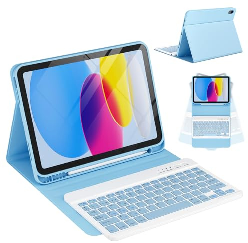 CC Store Teclado para iPad 10 Generación 2022/11 Generación A16 2025 (10.9/11 Pulgada), QWERTY Español Ñ, Bluetooth Magnéticamente con soporte para lápiz​ Funda Teclado para iPad 10/11 Gen, Azul Cielo