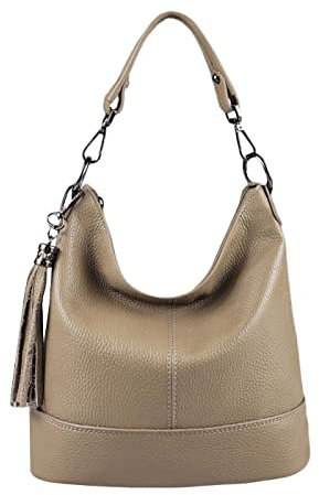 OBC Made in Italy Damen Leder Tasche Umhängetasche Shopper Schultertasche Handtasche Crossbody Hobo Bag Crossover Ledertasche Damentasche Fransen Taupe