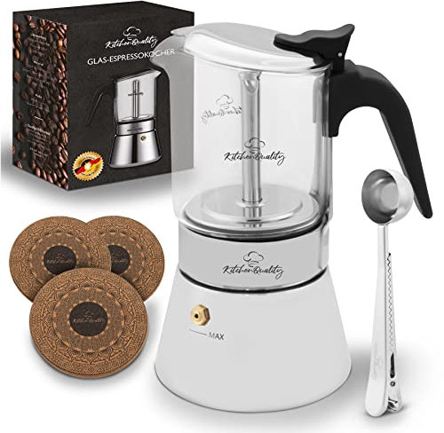 KitchenQuality Espressokocher | Hochwertiger Kaffeekocher aus Edelstahl und Borosilikatglas | Für alle Herdarten | Inkl. Portionierlöffel & Untersetzer