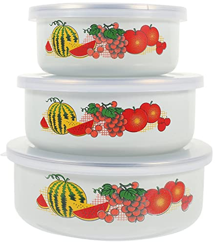 Happyyami Emaille Schüssel Set 3-Teilig Mit Deckel – Stapelbare Frischhaltedosen Für Lebensmittelkonservierung Salatschalen Und Suppenschalen Ideal Für Küche Und Camping