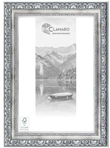 CLAMARO 'OTTO' Bilderrahmen Antik 35x65 Massivholz | Silber Grau | 80 mm breite Shabby Chic Vintage Barock Leiste | Holzrahmen inkl. Acrylglas, Rückwand, Metall Aufhänger
