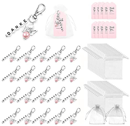 kyaoayo Schutzengel Anhänger mit Danke karten, Gastgeschenke Schutzengel mit Perle und Flügel, Engel Anhänger Schlüsselanhänger Schutzengel Set mit Organza Beutel, für Babydusche Hochzeit Taufe (Rosa)