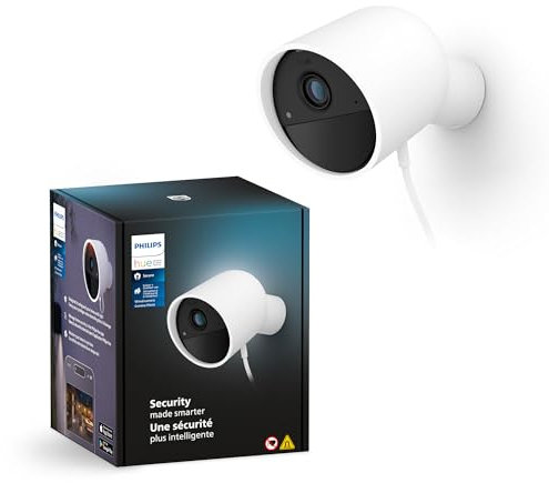 Philips Hue Secure Cámara de Video Vigilancia Inteligente para Exteriores o Interiores, Versión con Cable, Full HD Video, Control de Seguridad e Iluminación en Una Sola App, Blanco