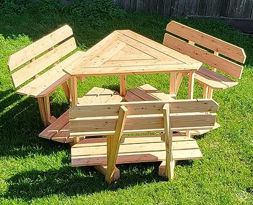 Baßner Holzbau Sitzgruppe für 6 Personen Dreieck aus Lärchenholz Tisch mit Bänke Biertisch Partytisch Esstisch Gartentisch mit Bänken sehr stabil Bierzelttisch Biergarten