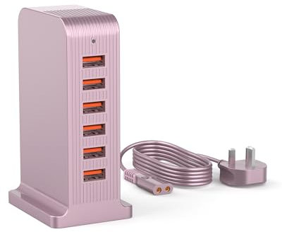 Qurzou 50W USB Charging Station,Multi 6-Port USB Tower Charger Plug for iPhone 15/14/14 Pro/14 Pro Max, Android, Samsung(Rose Gold 50W)