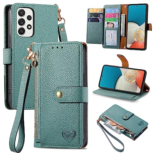 VEEMOS Handyhülle für Samsung Galaxy A53 5G Hülle Klappbar Klapphülle Schutzhülle mit Kartenfach RFID Reißverschluss Handy Tasche Leder Flip Case Cover Handytasche Frauen - Grün