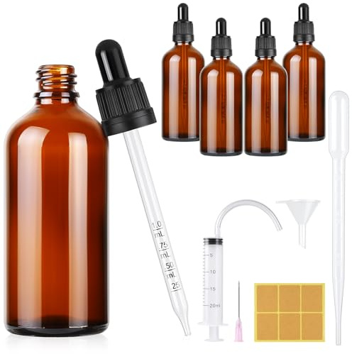 Furuising 4 Stück Pipettenflasche 100ml, Apothekerflasche mit Pipette, Wiederverwendbar Glas Tropfflasche Glasflaschen Braunglasflasche mit 3ml Bürette, Spritze für Ätherische Öl Aromatherapie