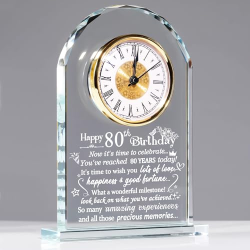 Ornalrist 80th Birthday Clock Gifts for Women Men 80 Year Old Presents | Laser Engraved Glass Crystal 80th Birthday Keepsake, Happy 80 Year Old Birthday Quartz Clock, for Mum Dad Grandparents Friend