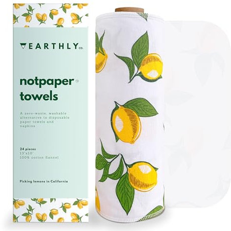 Earthly Co. Reusable Paper Towels - 24 Pack - Roll of Washable Cotton Cloth Paper Towels - Paperless Reusable Napkins Cloth Washable - Absorbent + Long Lasting - Zero Waste Products - (Lemon)