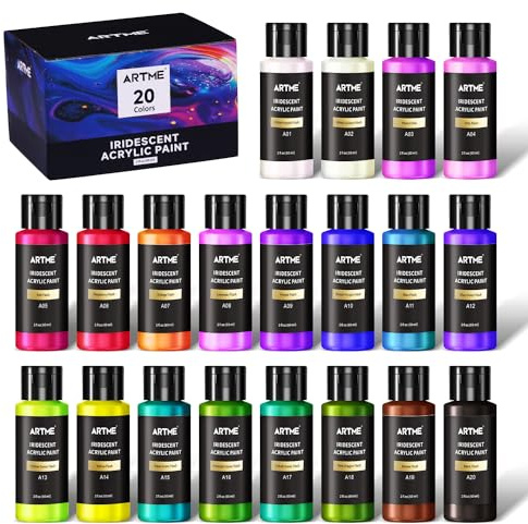 ARTME Iridescent Acrylic Paint Set, 20 Chameleon Colors in 2 oz/60ml Bottles, Color-shifting Acrylic Paint Perfect for Artists, Beginners on Canvas, Rocks, Wood, Fabric, Ceramic