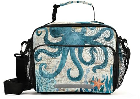 Lonchera Vintage con Diseño de Mapa de Pulpo, Océano, Grande, Aislada, Lonchera Niña, Bolsa Desayuno, Reutilizable, para Niños y Niñas, con Correa para el Hombro