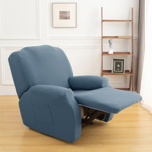 Morbuy Stretchhusse für Relaxsessel Komplett Sesselbezug, Stretch Relaxsessel Bezüge mit Taschen Elastisch Sesselschoner für Fernsehsessel Liege Sessel (Graublau,4 Stück für 1 Sitzer)