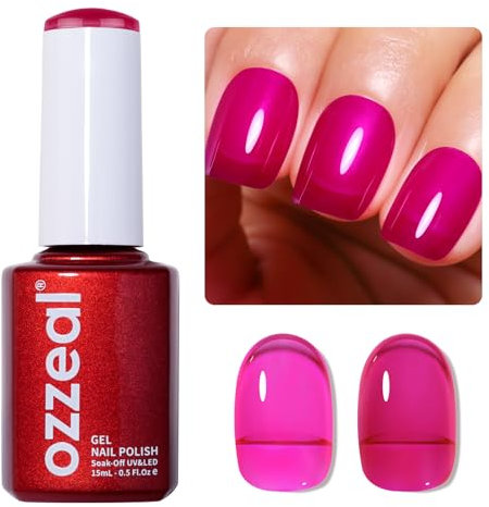 Ozzeal Jelly Gel Nail Polish, Neon Hot Pink Jelly Nail Polish Gel Translucent Sheer Spring Summer Nail Gel Polish Soak off UV LED Light for Nail Art DIY Manicure 0.5 Fl Oz