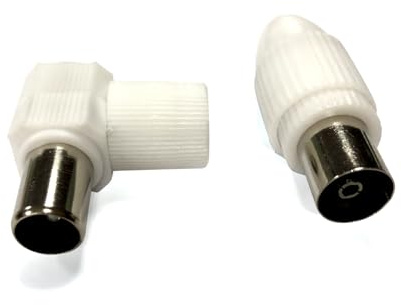Conector de antena de TV en ángulo recto, blanco, ideal para optimizar espacio y mejorar la conexión a dispositivos de televisión.