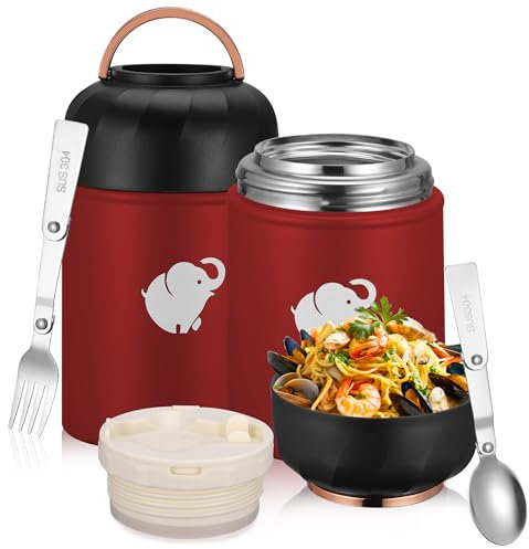 TranRantic Thermobehälter für Essen, 500 ml Edelstahl Warmhaltebehälter, Thermobecher, Thermo Essensbehälter mit Löffe＆Gabel, Auslaufsiche Thermoskanne für Essen, Lunchbox Thermo für Speisen (Rot)