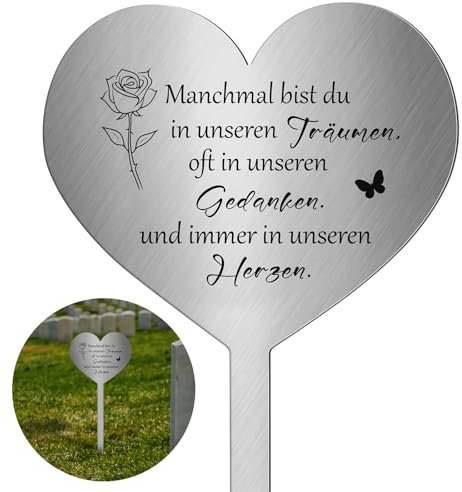 Photect Grabschmuck Wetterfest Grabstecker Metall Herz mit Spruch Manchmal Bist Du in Unseren Träumen, Oft in Unseren Gedanken und Immer in Unseren Herzen Grabdekoration zum Erinnerung Dekoherz Traue