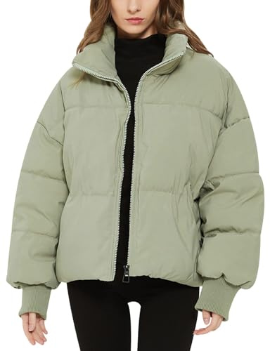 Flygo Winter Cropped Puffer Jacke Mäntel für Damen 2025 Kurze Warme Steppjacken Oberbekleidung mit Taschen, Grün , Klein