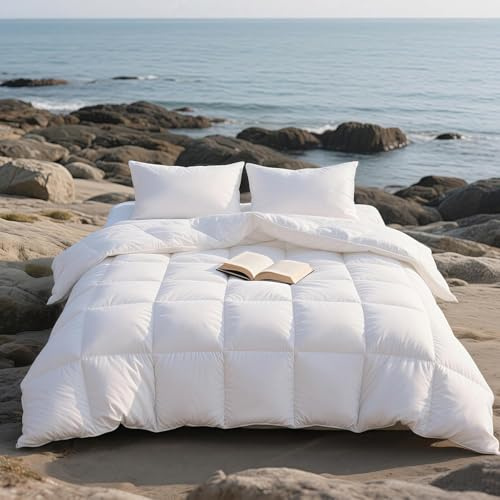 APSMILE Edredón Cama 160/180-70% Plumas y 30% Plumón, 100% Algodón Orgánico, Edredón Relleno Nórdico Plumón 4 Estaciones 300gr/㎡, Esponjoso, Certificado Oeko-Tex y RDS(Blanco, 240x260cm)