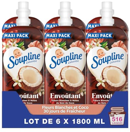 Soupline, Adoucissant Linge Concentré, Coco et Fleurs Blanches, 6 x 1,8 L | Assouplissant textile à technologie Emotiboost pour stimuler l'humeur, 30 jours de fraîcheur intense