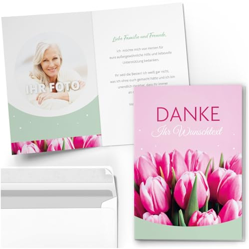 10 Dankeskarten Klappkarten Set A6 - personalisierte Danksagungskarten Danke Hochzeit Geburtstag Taufe Konfirmation Kommunion Jugendweihe Umschlag 04