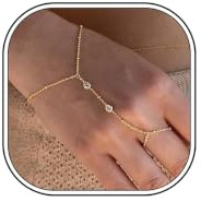 LunarCharm Bracciale Anello a Catena in Oro 14K con Strass Luminosi per Donne, Regolabile, Gioiello da Mano Impermeabile, Catena da Mano con Anello d'Oro