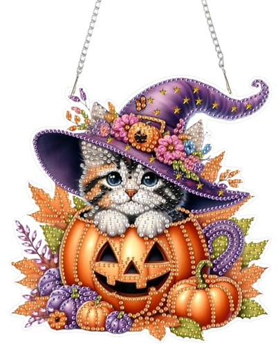 DOMROM Katze Diamond Art Painting Anhänger, Kürbis Diamond Painting Fensterbilder Anhänger, Halloween Diamond Art Hängende Ornament für Kinder Erwachsene Diamant Malerei Basteln Tür Wand Fenster Deko