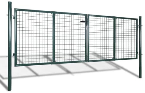 Festnight Puerta de Jardín Doble 306 x 125 cm, Puerta de Exterior, Puerta para Valla con Sistema de Cerradura, Cancela de Valla, Verde Oscuro