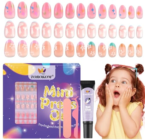 TOROKOM Kit de Uñas Postizas para Niñas - 78 Piezas de Uñas Postizas con Pegamento Constructor, Uñas Cortas de Cobertura Total para Niñas - Cumpleaños, Fiesta, Navidad