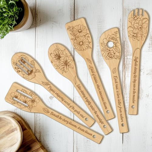 CUTHOLLOW 6PCS Various of Flower Wooden Kitchen Cooking Utensil Set | 11.9in Non Toxic Bamboo Wood Spoon Set for Cooking, Best Housewarming Birthday Thanksgiving Christmas Gift for Women Mother
