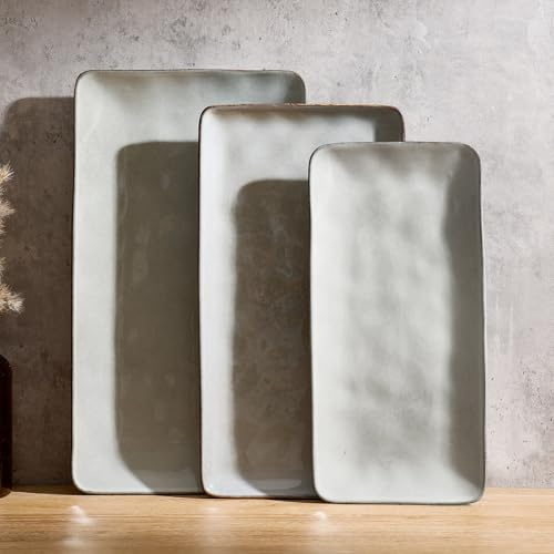 Richmount Ocean Serving Platter, Rectangular 15.59/14.3/12.9 inch Serving Dishes for Entertaining, Serving Bowls, Microwave Safe, Stoneware Serving Trays for Party, Turkey, Cheese, Grey