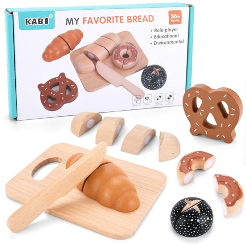 Giocattolo Pane in Legno Per Bambini,Pane da Tagliare Giocattolo,Set Cibo Finto Giocattol per Cucina Bambini,Gioca Accessori Cucina Set Colazione con Connessione in Velcro,Per Bambinis da 3 4 5 Anni
