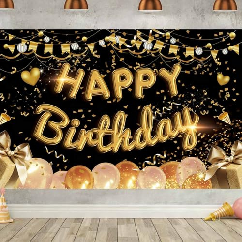 Geburtstag Banner Schwarz Gold, Happy Birthday Banner 180 x 110cm, Happy Birthday Hintergrund Banner, Große Geburtstag Banners Zeichen Poster für Männer Frauen Party Deko
