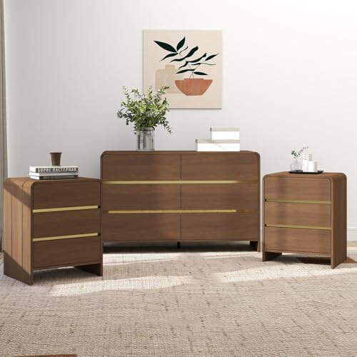 Melody Maison Walnut Brown Chest of Drawers and Pair of 3 Drawer Bedside Tables - Meridian Walnut Brown Range