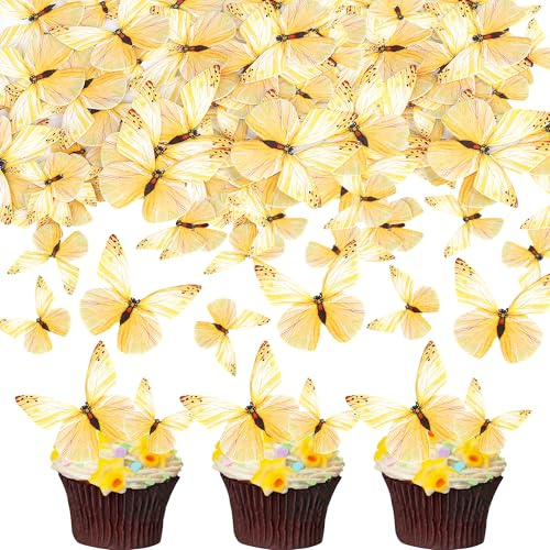 SYKYCTCY 72 Pack Edible Butterfly Cupcake Toppers Butterfly Cupcake Picks Edible Butterfly Cupcake Decorations for Butterfly Theme Baby Shower Kids Birthday Party Cake Decorations Supplies Yellow